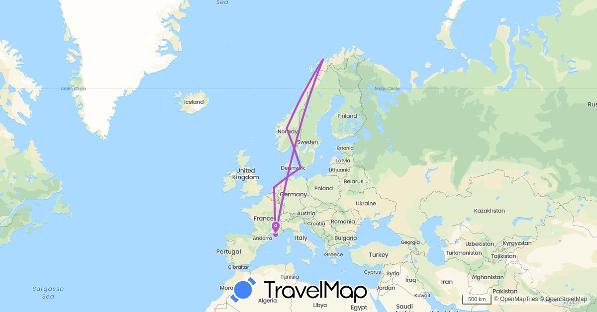 TravelMap itinerary: train in Denmark, France, Netherlands, Norway (Europe)
